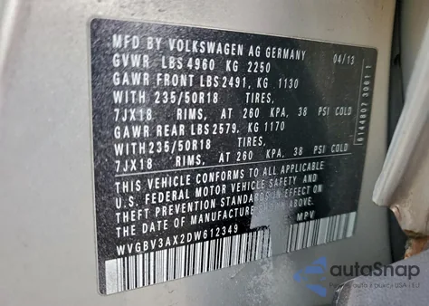 2013 Volkswagen Tiguan S from USA, damaged, VIN WVGBV3AX2DW612349